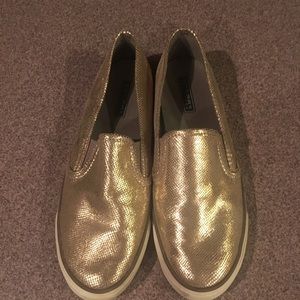 Sperry- top sider gold loafers.